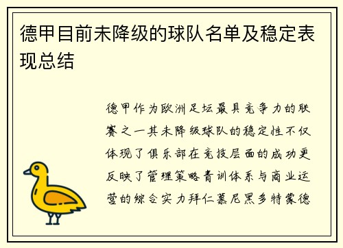 德甲目前未降级的球队名单及稳定表现总结